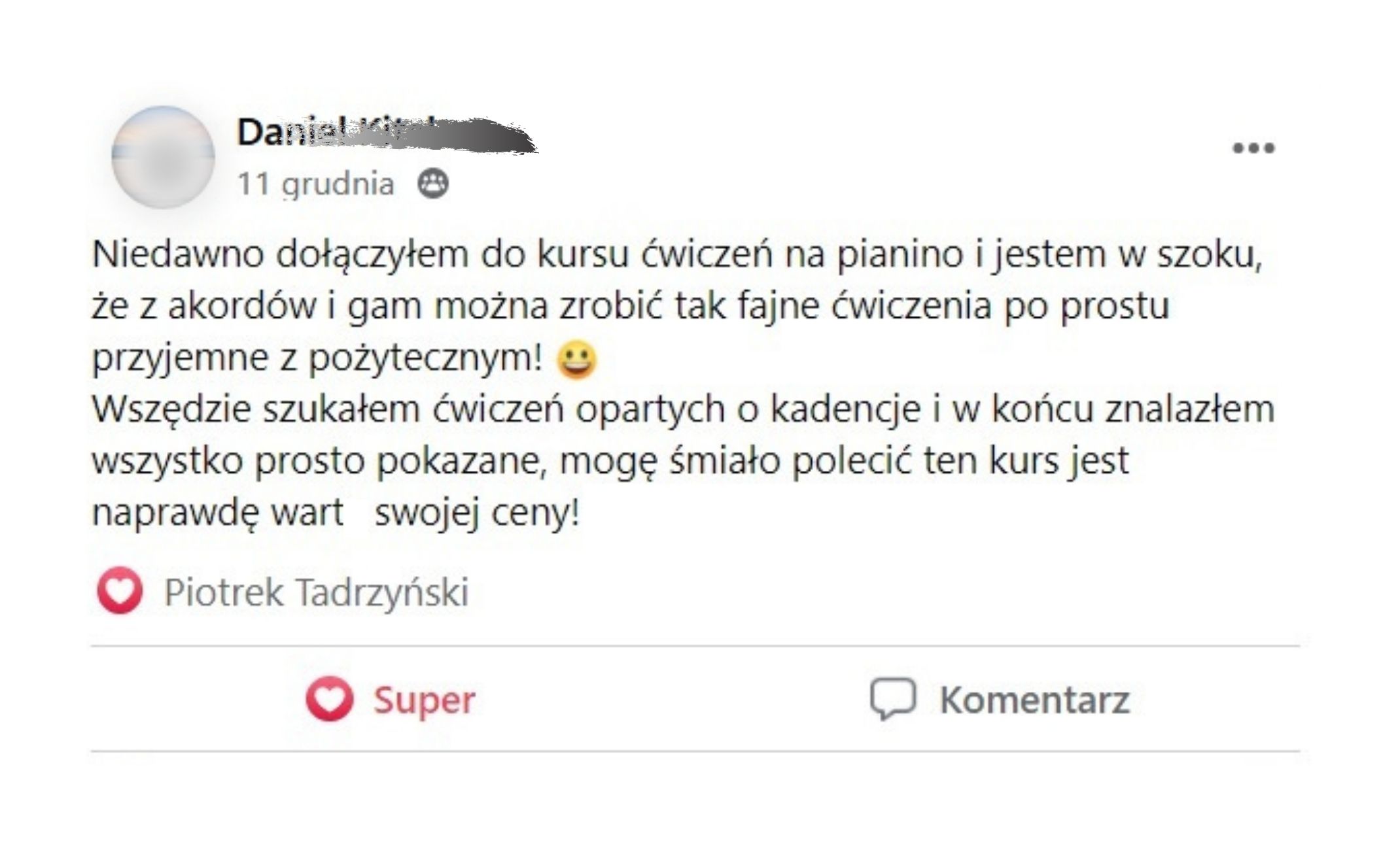 Opinia kursanta o Kursie Ćwiczenia na Pianino