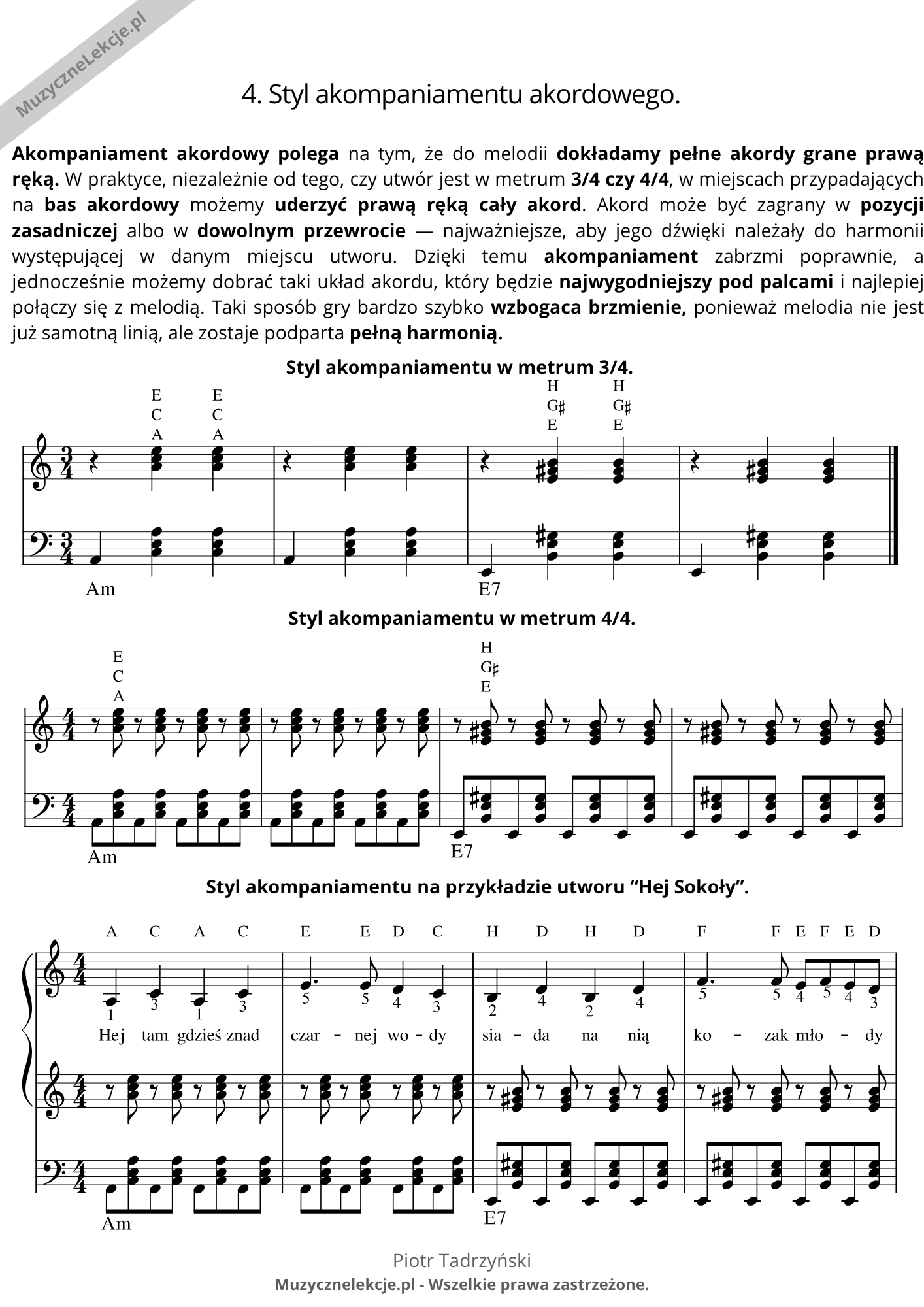 Styl akompaniamentu akordowego na akordeonie w metrum 3/4 i 4/4